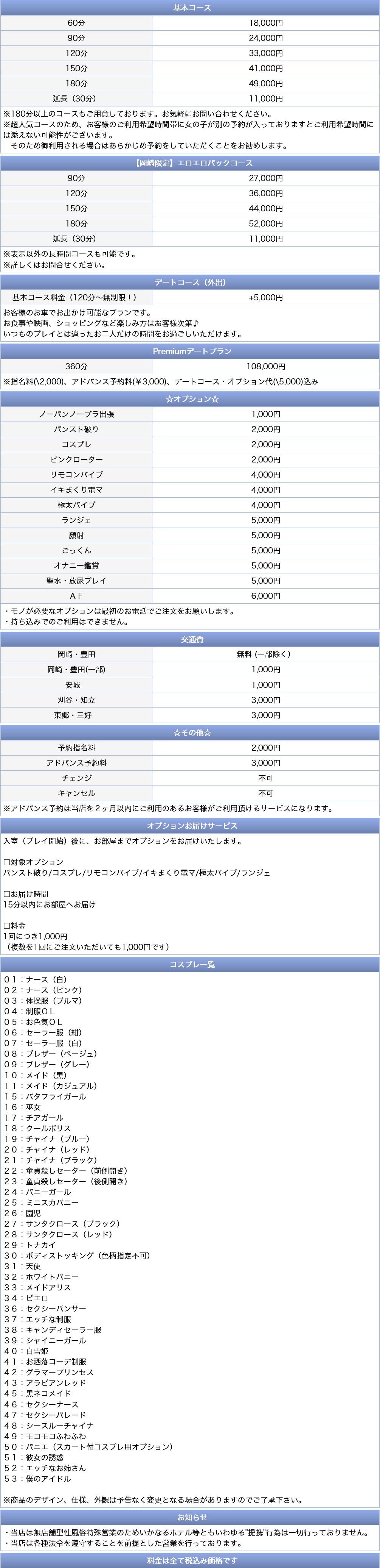 やまとなでしこ～人妻エロエロ星人～(岡崎／デリヘル)の料金表