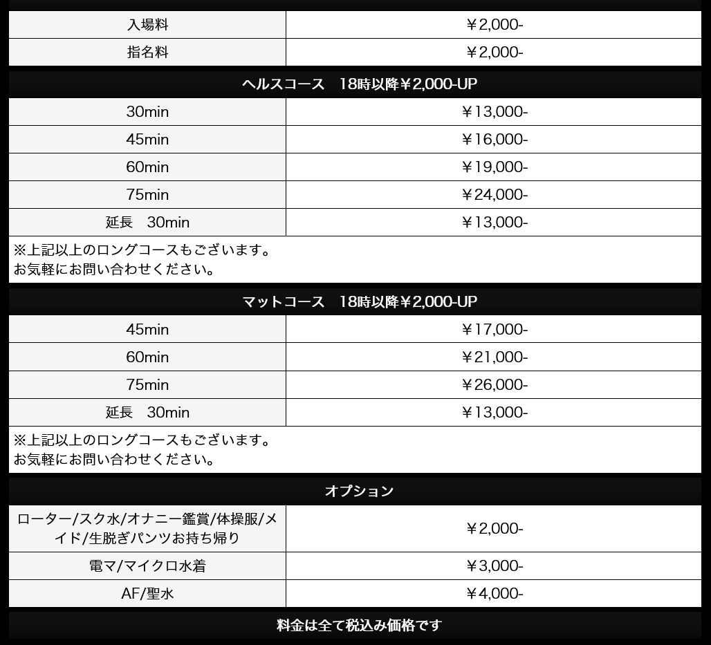 月下美人(名古屋・名駅／ヘルス)の料金表