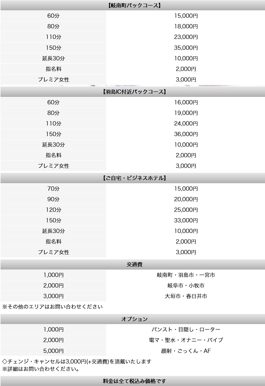 快感奥様 艶美(一宮・春日井・小牧／デリヘル)の料金表