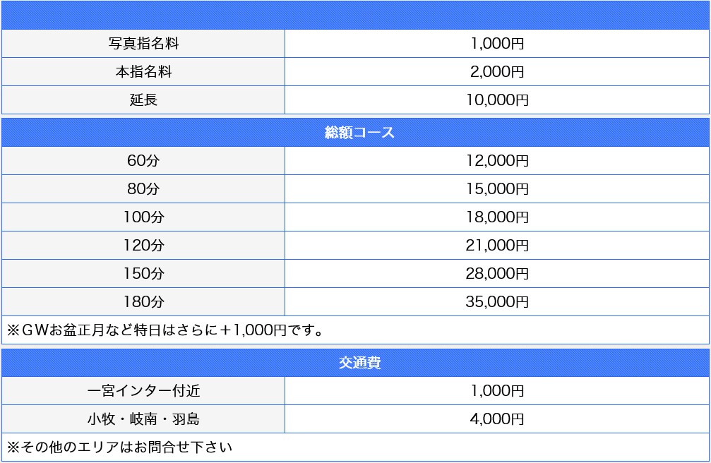 ドスケベマダム(一宮・春日井・小牧／デリヘル)の料金表