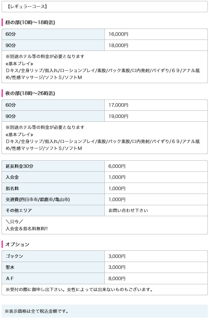 三重熟女専科 たらちね(三重・四日市／デリヘル)の料金表