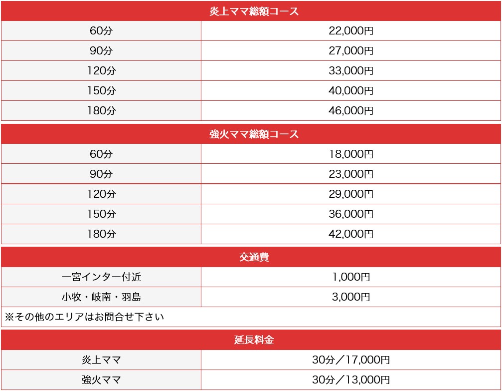 火遊びパパ(一宮・春日井・小牧／デリヘル)の料金表