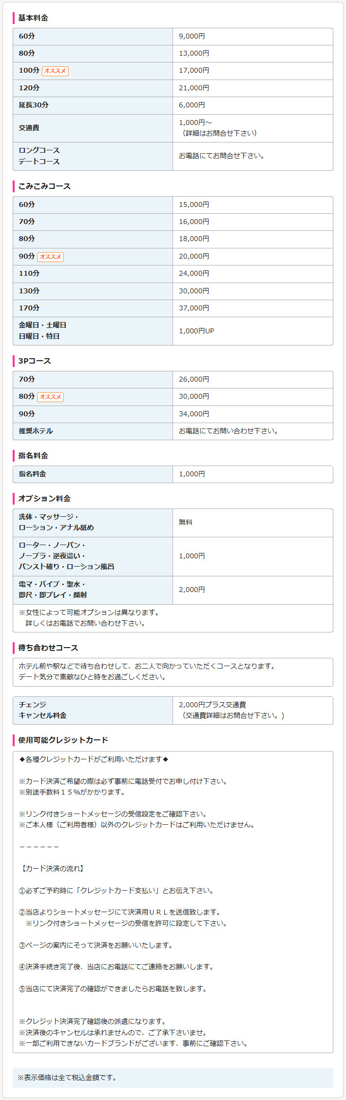 人妻倶楽部ひまわり(錦・栄／デリヘル)の料金表