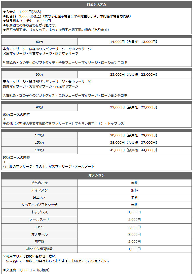 フェアリーテイル一宮店(一宮・春日井・小牧／デリヘル)の料金表