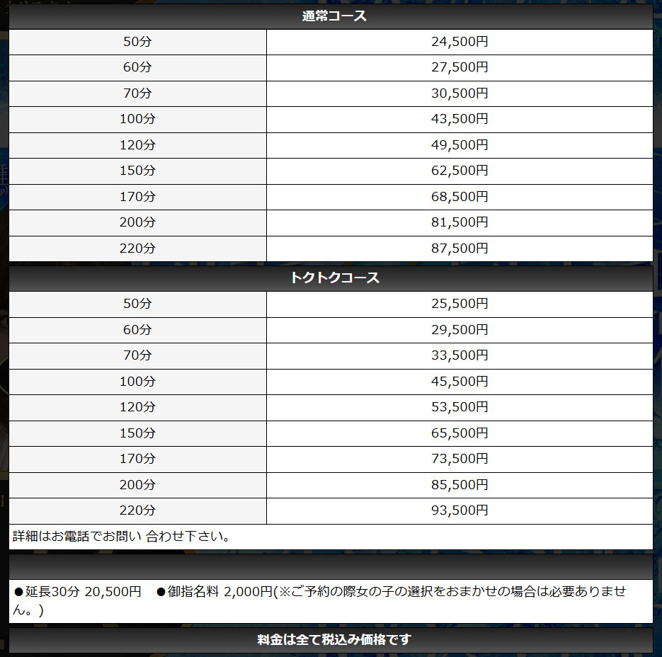 デリバリーELLE(錦・栄／デリヘル)の料金表