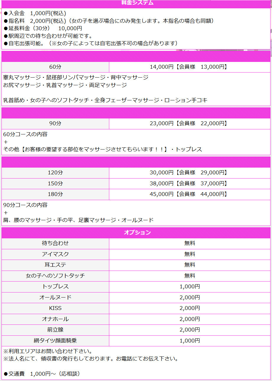 フェアリーテイル 名古屋店(千種・今池・池下／風俗エステ)の料金表