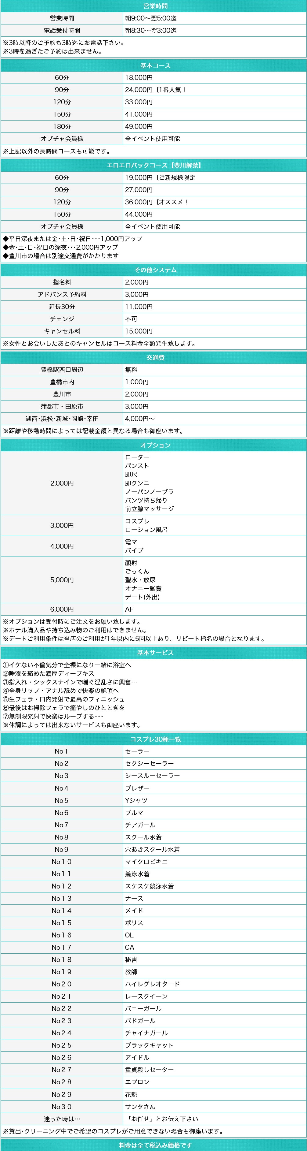 やまとなでしこ豊橋店～人妻エロエロ星人～(豊橋・豊川／デリヘル)の料金表