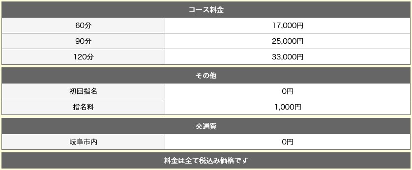 Loveタッチ(愛知県その他／デリヘル)の料金表