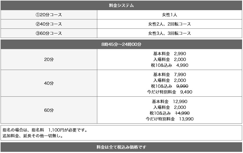 ＡＶハーツ 納屋橋(名古屋・名駅／ヘルス)の料金表