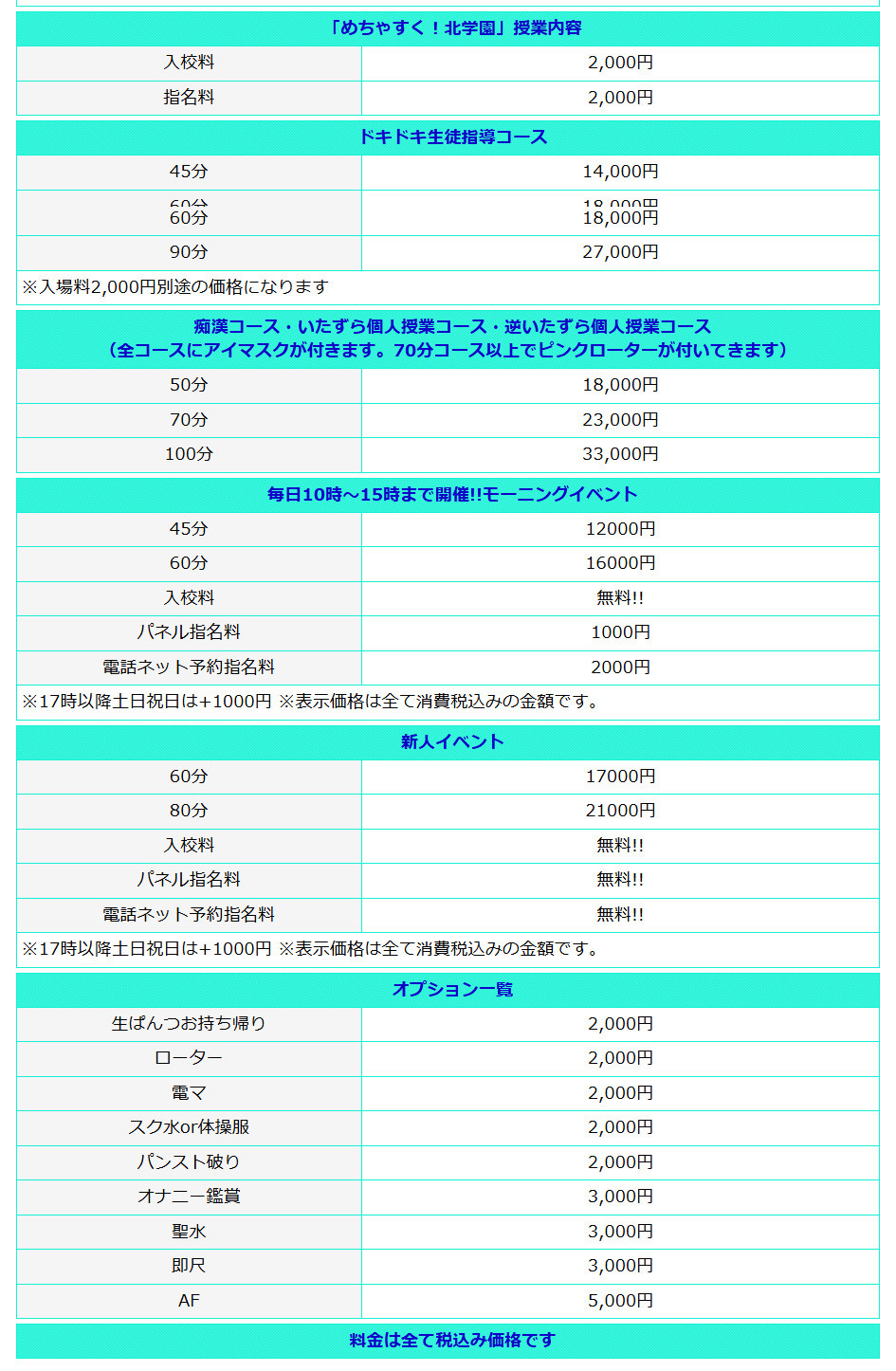 めちゃスク北学園(名古屋・名駅/ヘルス)の料金表