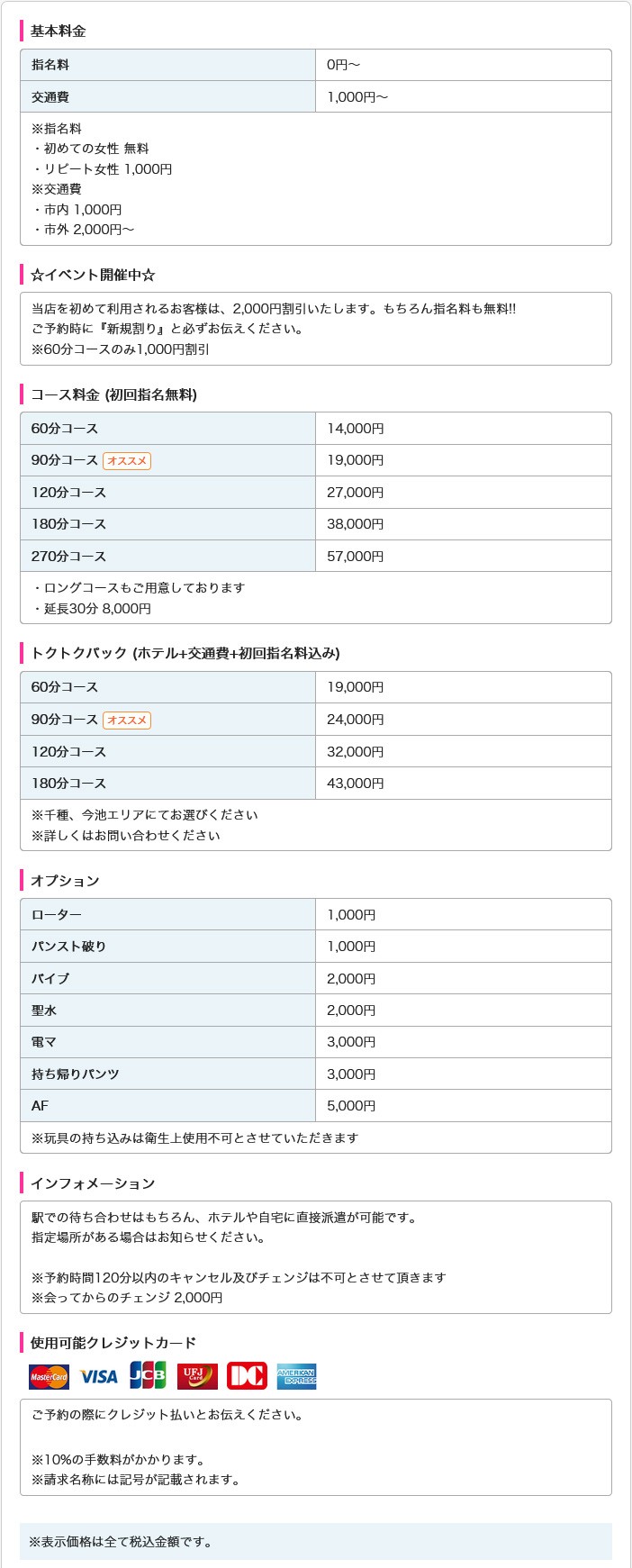 人妻癒し倶楽部(千種・今池・池下／デリヘル)の料金表