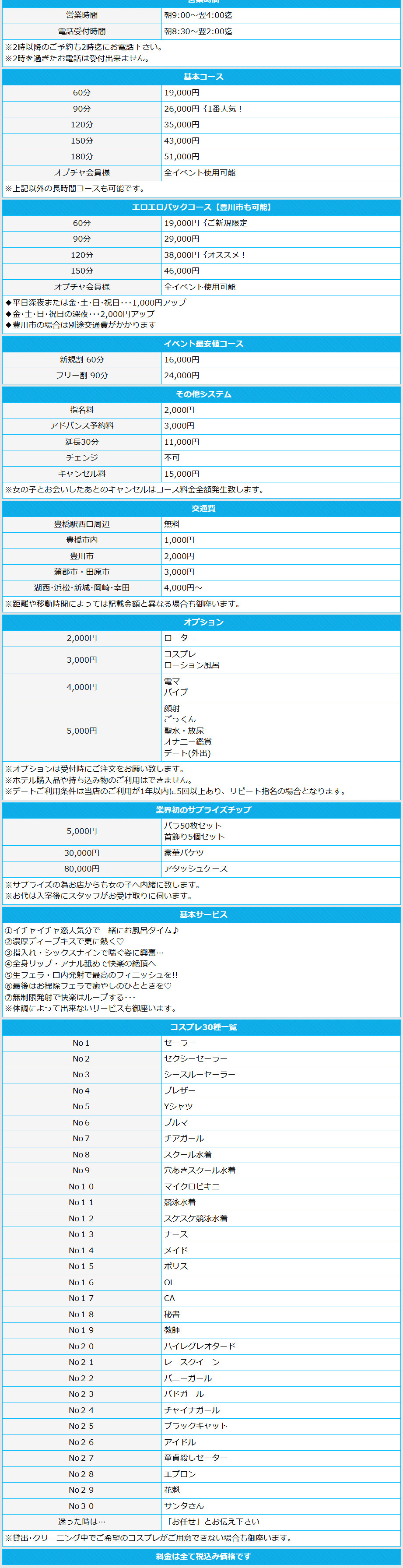 エロエロ星人豊橋店(豊橋・豊川／デリヘル)の料金表