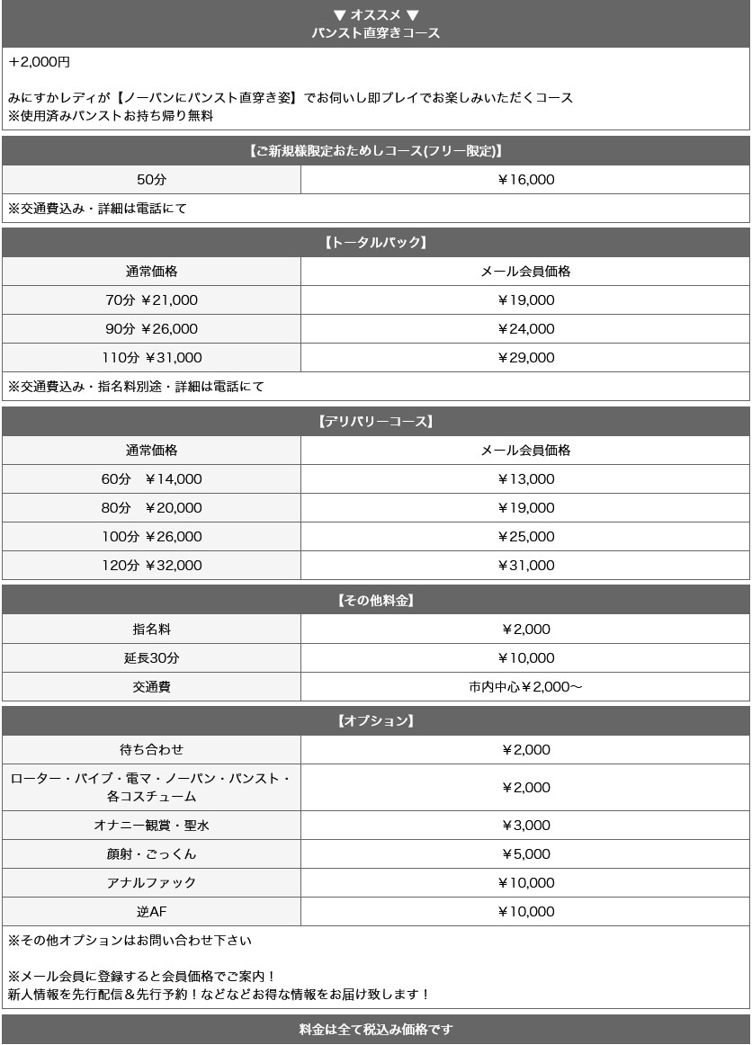 みにすか(錦・栄／デリヘル)の料金表